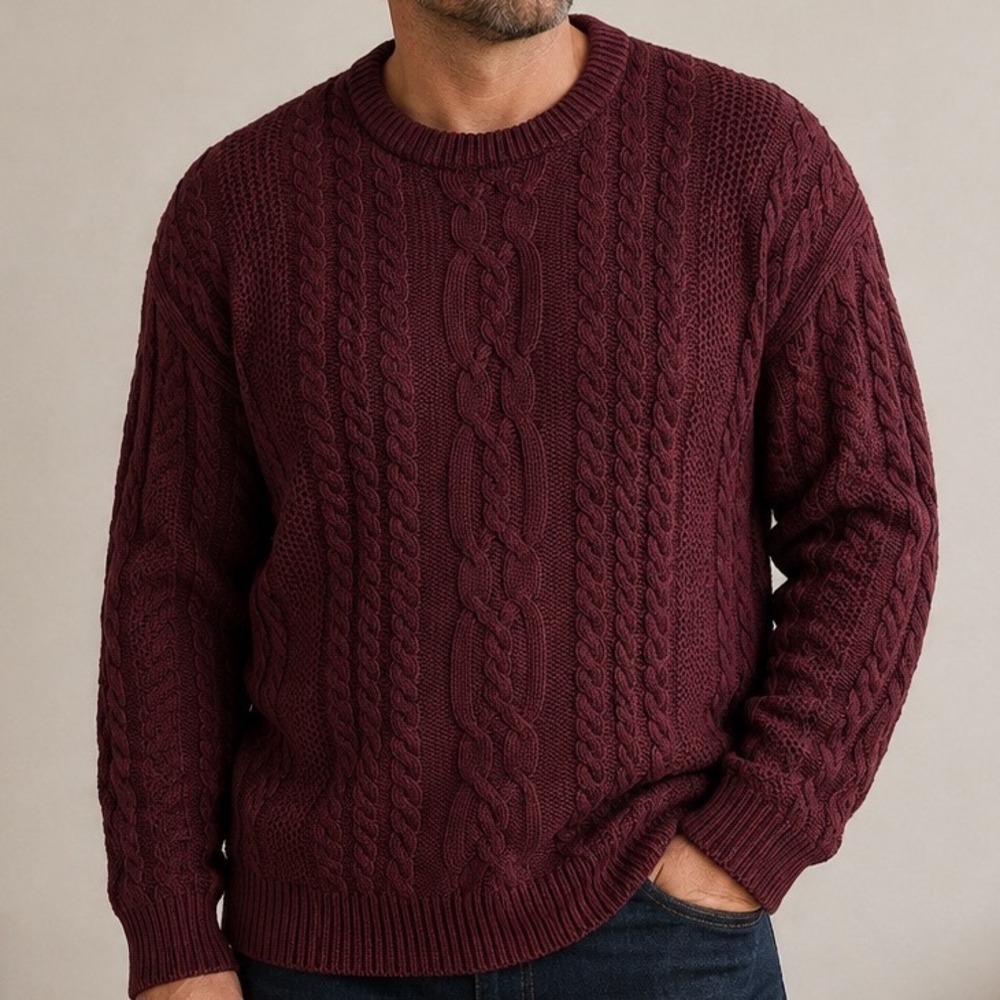 Geoffrey Beene Men's XL Burgundy Cotton Cable Knit Sweater Fisherman Preppy